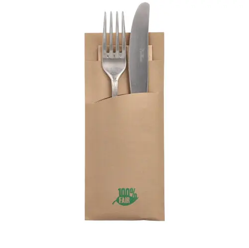 Bestecktaschen 20 cm x 8,5 cm braun "100% Fair" inkl. naturfarbener Recycling-Serviette