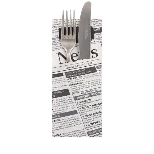 Bestecktaschen 20 cm x 8,5 cm schwarz/weiss "Newsprint" inkl. schwarzer Serviette