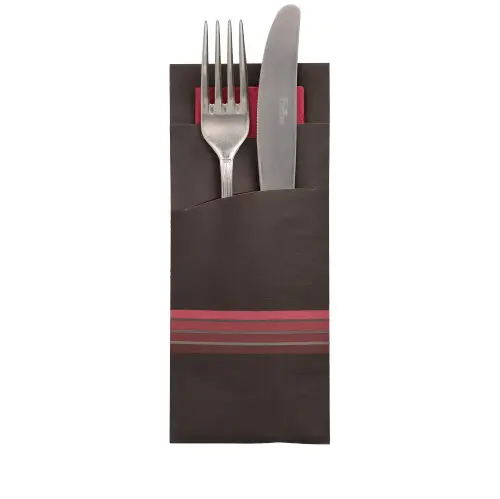 Bestecktaschen 20 cm x 8,5 cm schwarz/bordeaux "Stripes" inkl. farbiger Serviette