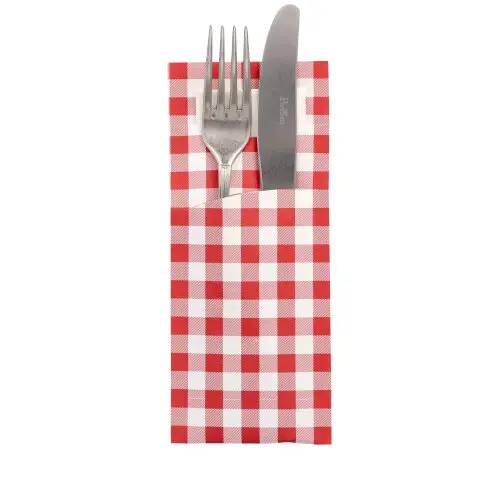 Bestecktaschen 20 cm x 8,5 cm rot "Vichy Karo" inkl. weißer Serviette