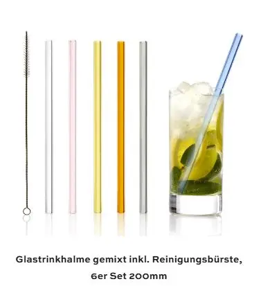 Glas Trinkhalme 200 mm mix farbig 6er Set + Bürste - Aktion