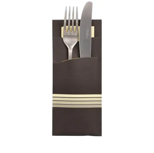 [PR/01068] Bestecktaschen 20 cm x 8,5 cm schwarz/creme "Stripes" inkl. farbiger Serviette