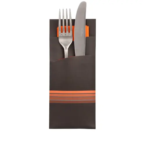 [PR/01082] Bestecktaschen 20 cm x 8,5 cm schwarz/orange "Stripes" inkl. farbiger Serviette